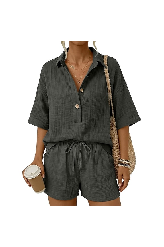Women's Casual Solid Color Cotton-Linen Shirt & Shorts 2-Piece Set, Comfortable Summer Coordinated Outfit Dark Gray M