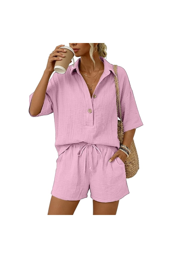 Women's Casual Solid Color Cotton-Linen Shirt & Shorts 2-Piece Set, Comfortable Summer Coordinated Outfit Pink M