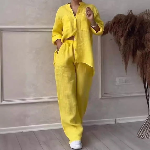 Women's Casual Solid-Color Cotton-Linen Shirt and Drawstring Wide-Leg Pants Set