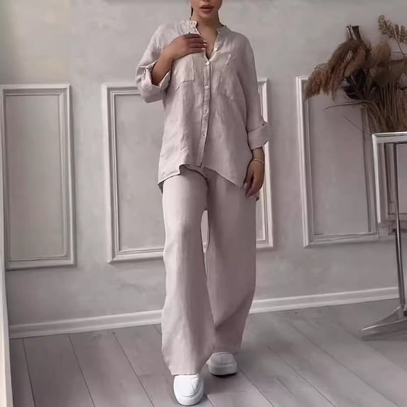 Women's Casual Solid-Color Cotton-Linen Shirt and Drawstring Wide-Leg Pants Set