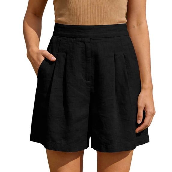 Women's Casual Solid Color Cotton Linen Shorts Pleated High Waist Wide Leg Summer Elastic Comfy Trendy Shorts with Pockets Black