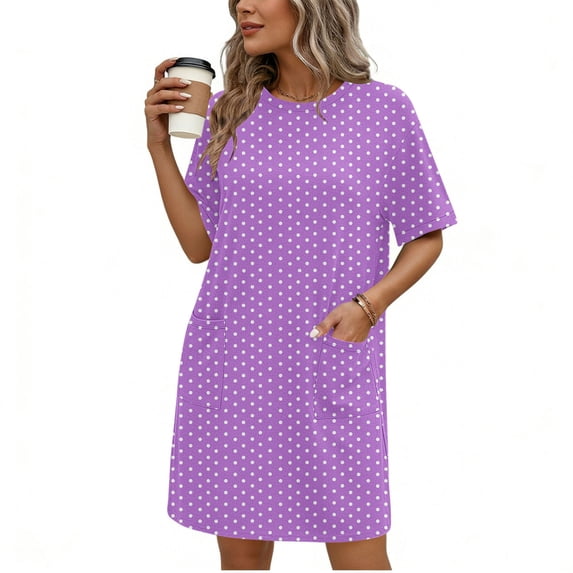Women's Casual Solid Color Crew Neck Short Sleeve T-Shirt Dress with Pockets for Summer Daily Wear