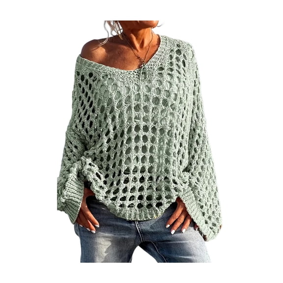 Women's Casual Solid Color Crochet Knitted Top,Casual Long Sleeve Loose Hollow Out Knit Pullover Tops