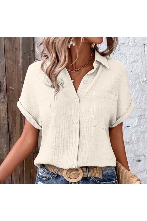 Women's Casual Solid Color Double Layer Crinkle Bubble Crepe Blouse Batwing Sleeve Button Down With Pockets WCJM Womens Short Sleeve T Plain V Neck T Shirts Women