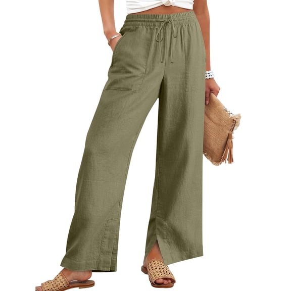 Women's Casual Solid Color Drawstring Loose Straight Leg Pants, Elastic Waist Wide Leg Trousers, Comfortable Lounge Pants for Women, Casual Everyday Wear,Army Green,S