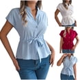 thumbnail image 1 of Women's Casual Solid Color Drawstring Short Sleeve Shirt Blouse Top Loose Relaxed Fit Breathable Summer Fashion | CSEONE,Blue XL, 1 of 9