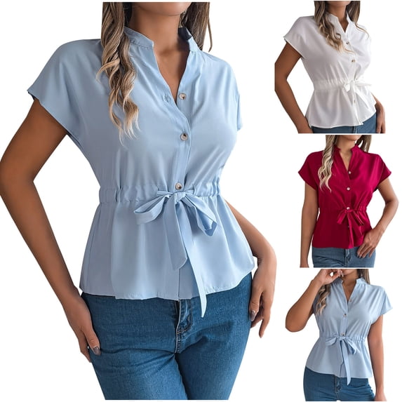 Women's Casual Solid Color Drawstring Short Sleeve Shirt Blouse Top Loose Relaxed Fit Breathable Summer Fashion | CSEONE,Blue XL