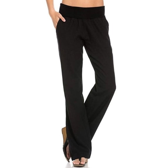 Women's Casual Solid Color Elastic Waist Cotton Linen Pants with Drawstring and Pockets for Summer Black M