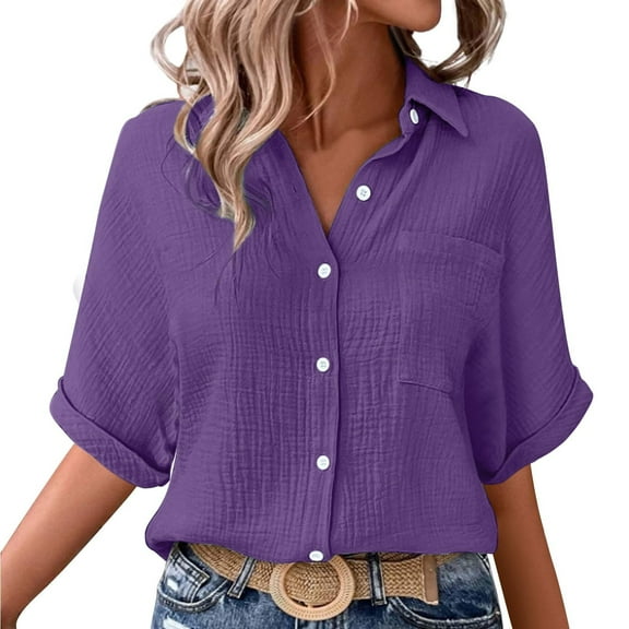 Women's Casual Solid Color Elbow Length Half Sleeve Button Short Sleeved Turndown Collar Blouse Tops/shirt