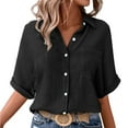 thumbnail image 1 of Women's Casual Solid Color Elbow Length Half Sleeve Button Short Sleeved Turndown Collar Blouse Tops/shirt, 1 of 6