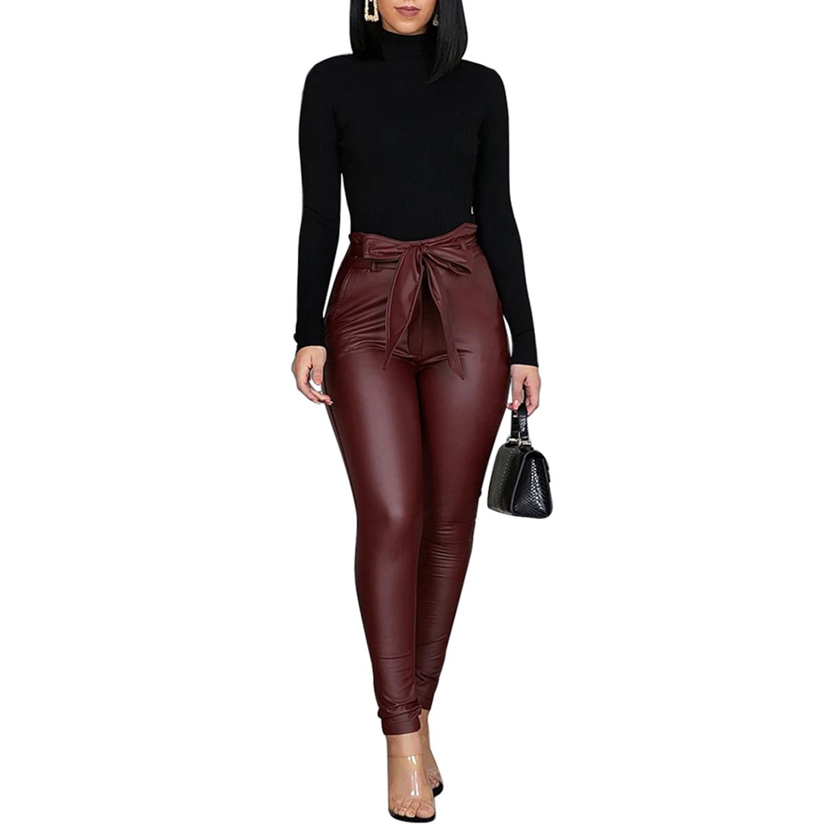 Women's Casual Solid Color Faux Leather Pants High Waist Bow Tie