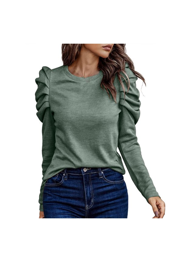 Women's Casual Solid Color High Elastic Round Neck Slim Fit Puffed Sleeve Long Sleeve Top T Shirt