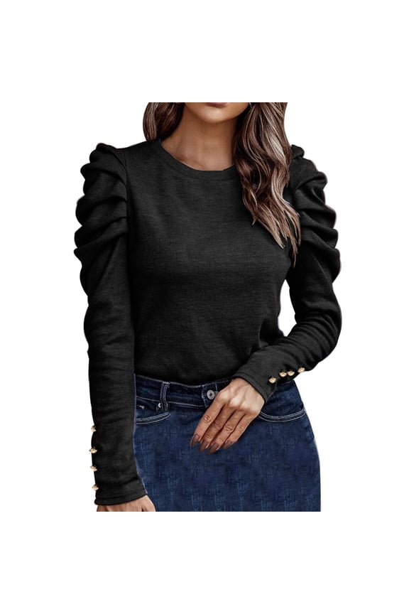 Women's Casual Solid Color High Elastic Round Neck Slim Fit Puffed Sleeve Long Sleeve Top T Shirt