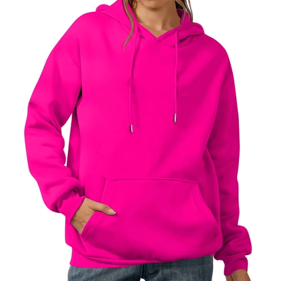 Women’s Casual Solid Color Hoodie, Long Sleeve Pullover Sweatshirt with Drawstring Hood and Kangaroo Pocket, Comfortable Loose Fit Top for Daily Wear Hot Pink