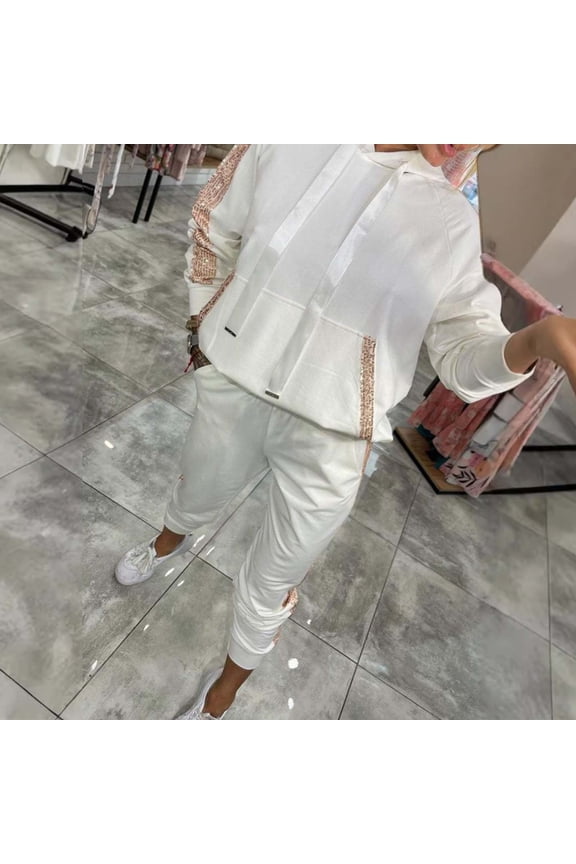 Women's Casual Solid Color Hoodie And Sweatpants Set With Sequin Trim Two Piece Outfit Mono Wedding Suits Women Womens Snowmobile Pants Pant Suits for Women Dressy Wedding Guest Petite Fall Pant Suits