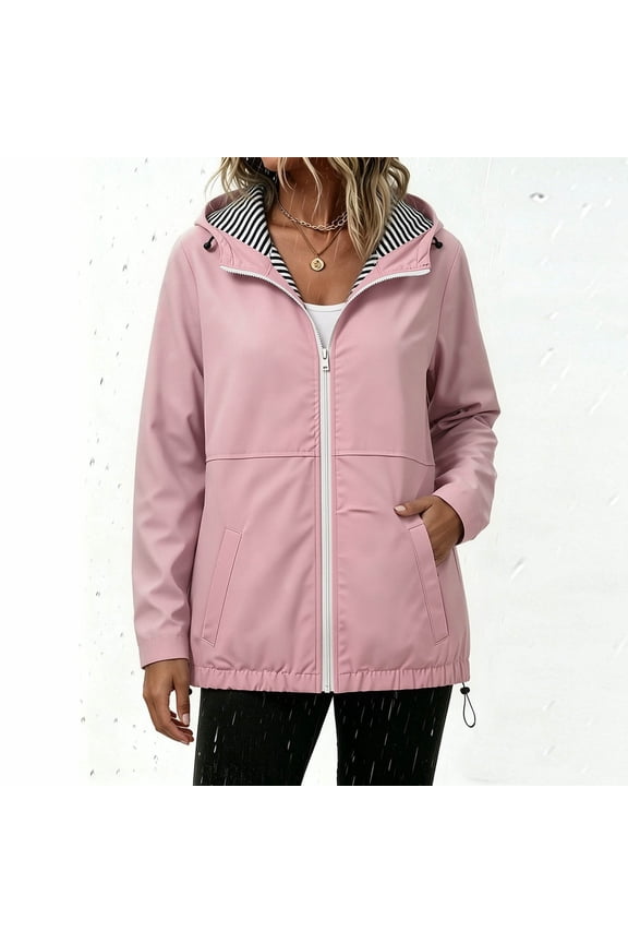 Women's Casual Solid Color Jacket Fall And Winter Fashion Waterproof Hem Drawstring Hooded Drawstring Jacket Lightweight Long Sleeve Zipper Track Jackets with Pockets