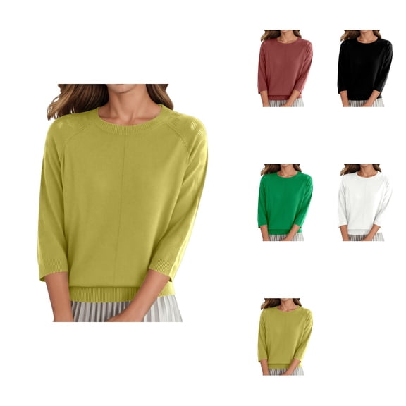 Women's Casual Solid Color Knit Pullover Sweater – Round Neck, Three-Quarter Sleeve, Lightweight, Soft, Comfortable, Oversized Fashion Top