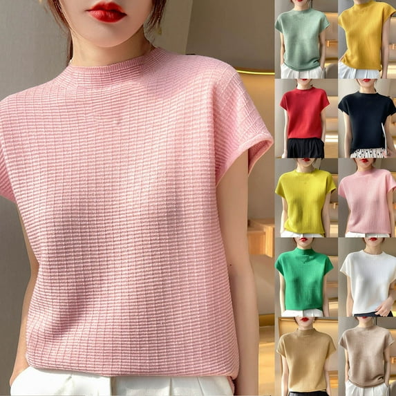 Women's Casual Solid Color Knit Short Sleeve Round Neck Tops Shirts Blouses Loose Fit Soft Stretch Crewneck for Daily Wear Work Office Vacation Outfits Fashion Essential Gift for Women