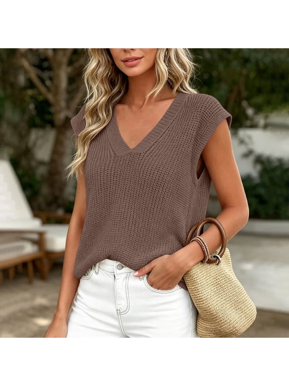 Women's Casual Solid Color Knit V-Neck Cap Sleeve Sweater Vest, Loose Sleeveless Knit Top with Textured Waffle Knit, Lightweight Relaxed Fit Layering Tank for Everyday Wear Brown XXL
