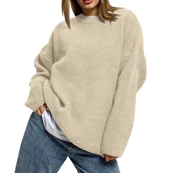 Women’s Casual Solid Color Knitted Sweater Top, Loose and Relaxed Long-Sleeve Design, Perfect for Layering or Solo Wear in Fall & Winter Khaki