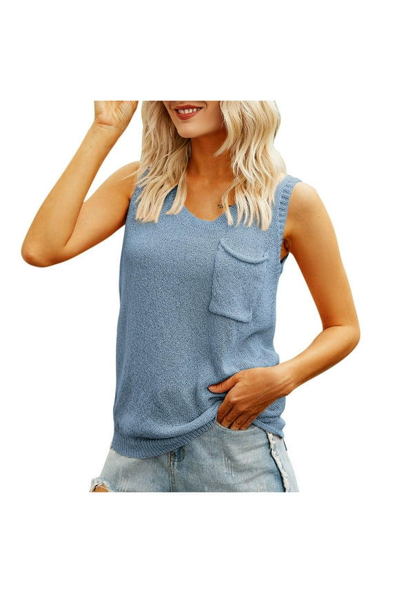 Women's Casual Solid Color Knitting Pocket Camisole Round-Neck Fashion Tank Tops Blue,L