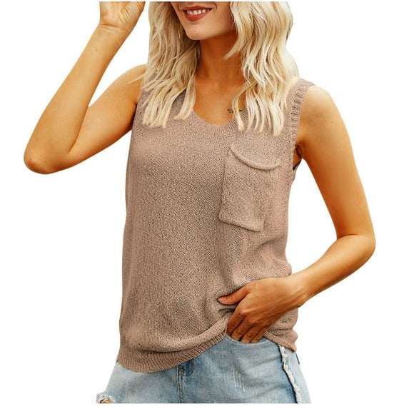Women's Casual Solid Color Knitting Pocket Camisole Round-Neck Fashion Tank Tops Khaki,M