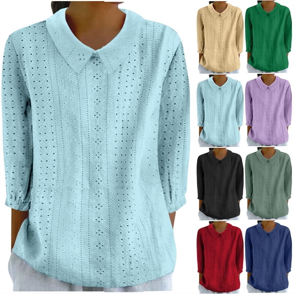 Women's Casual Solid Color Lapel 3/4 Sleeve Top Shirt Blouse for Business Office Work Vacation and Daily Wear Fashion Essential Gift for Women | Sopatenor,Red XL
