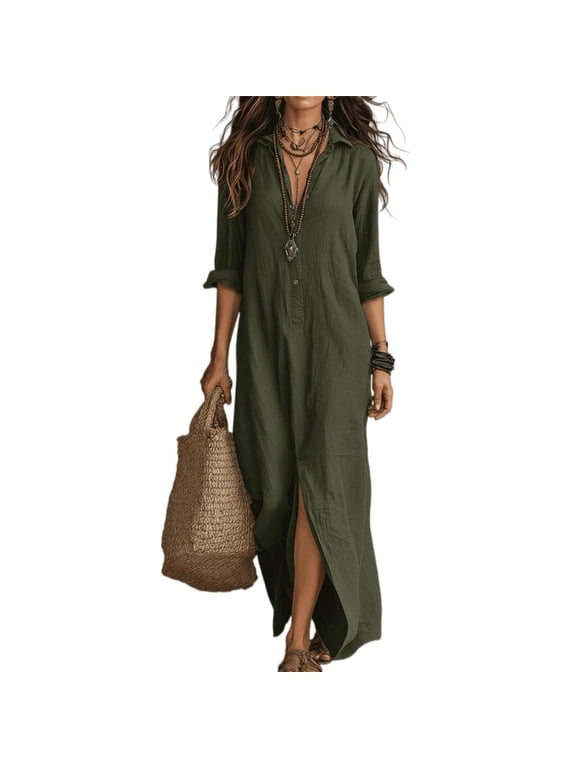 Women's Casual Solid-Color Linen-Cotton Dress, Button-Front Bohemian Shirt Maxi Dress for Beach Vacation
