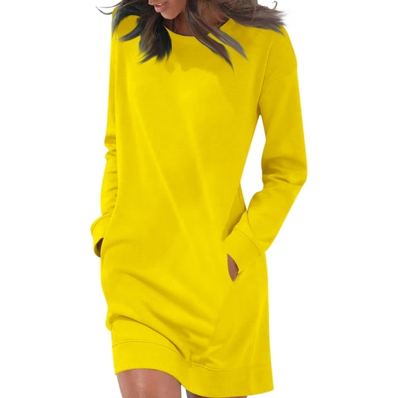 Women's Casual Solid Color Long Sleeve Pocket Dress, Everyday Fall Winter Dress with Round Neck, Relaxed Fit, Soft Fabric for Daily Comfort,Yellow XL
