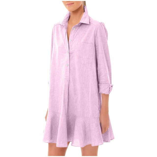 Women's Casual Solid Color Long Sleeve Shirt Dress With Ruffle Hem