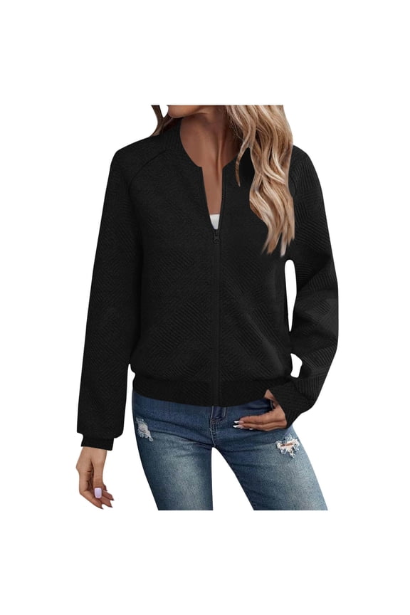 Women's Casual Solid Color Long Sleeve Zipper Jacket Top Blouse Coat for Work Office Daily Wear Fall Winter Versatile Wardrobe Essential | Ihhxva,Black M