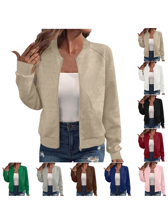 Women's Casual Solid Color Long Sleeve Zipper Jacket Top Blouse Coat for Work Office Daily Wear Fall Winter Versatile Wardrobe Essential | Ihhxva,White M