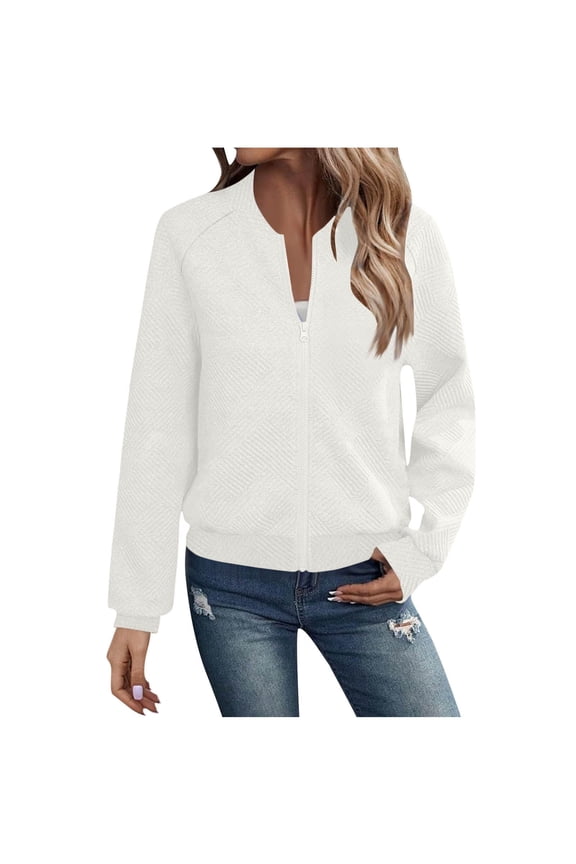 Women's Casual Solid Color Long Sleeve Zipper Jacket Top Blouse Coat for Work Office Daily Wear Fall Winter Versatile Wardrobe Essential | Ihhxva,White S
