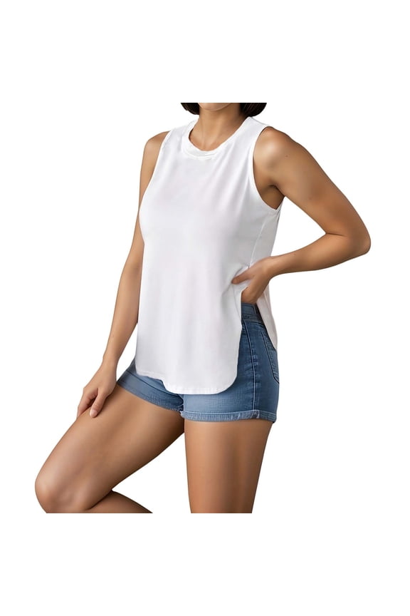 Women's Casual Solid Color Loose Fit Side Split Round Neck Sleeveless Top