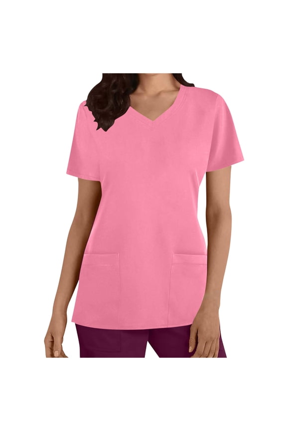 Women's Casual Solid Color Medical T-shirt V-Neck Short Sleeved Scrub Tops Lightweight Work Uniform Pullovers
