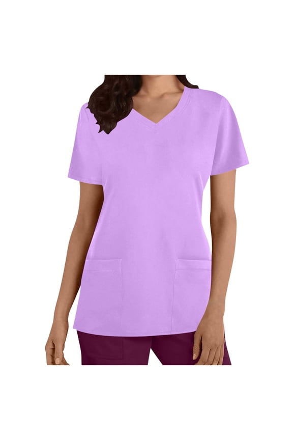 Women's Casual Solid Color Medical T-shirt V-Neck Short Sleeved Scrub Tops Lightweight Work Uniform Pullovers