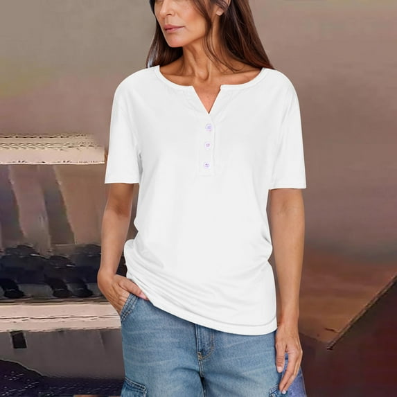 Women's Casual Solid Color Medium Short Sleeve V-Neck Top