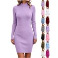 thumbnail image 1 of Women's Casual Solid Color Mock Neck Slim Long Sleeve Bodycon Dress, 1 of 7