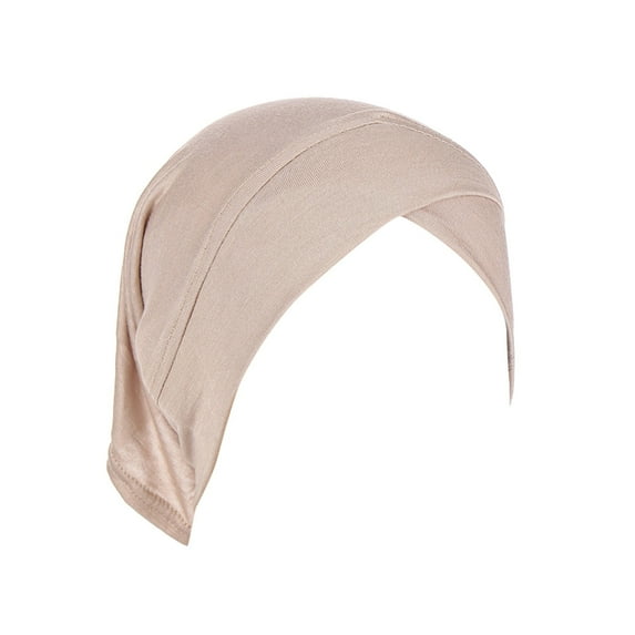 Women's Casual Solid Color Muslim Turban Cap Soft Stretch Head Cover Wrap Beige One Size
