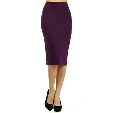 Women's High Waisted Pencil Skirt - Cotton Stretch, Elastic Waist, Knee Length For Office & Work