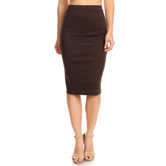 Moa Collection Women's Casual Workwear Solid Print Mid-Length Pencil Skirt Brown