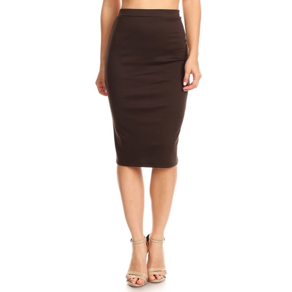 Moa Collection Women's Casual Workwear Solid Print Mid-Length Pencil Skirt Brown