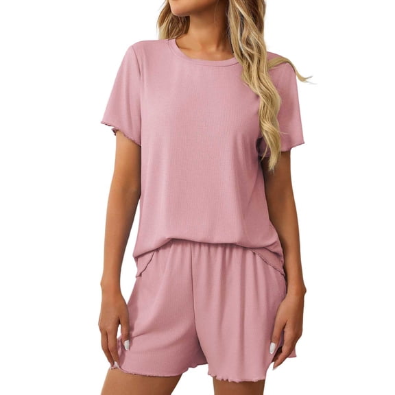 Women's Casual Solid Color Pajamas Set 2 Piece Knit Outfit with Short Sleeve Top and Shorts, Polyester, for Lounging and Sleep