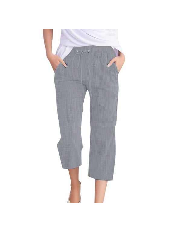 Women's Casual Solid Color Plain Weave 7/8 Pants - Breathable Fabric, Relaxed Fit & Practical Pockets for Casual Outings