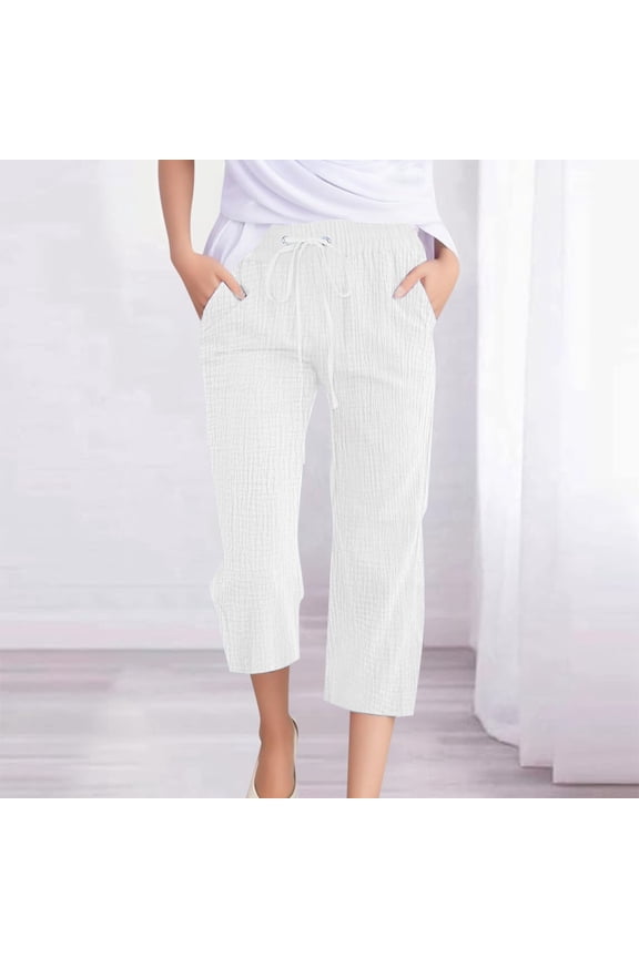 Women's Casual Solid Color Plain Weave Breathable 7/8 Pants Womens Pants Casual Trouser Paper Bag Pants Elastic plus Size Cropped Pants for Women Casual Flare Yoga Pants for Women Women Casual Pants