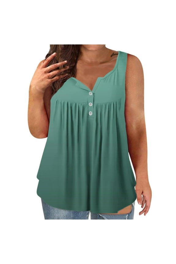 Women's Casual Solid Color Pleated Button Front Sleeveless Tank Top Blouse Tunic Shirt Spring Winter Wear