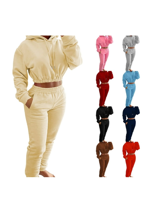 Women's Casual Solid Color Pullover Long Sleeved Hooded Sweatshirts And Pants Two-piece Outfits Set
