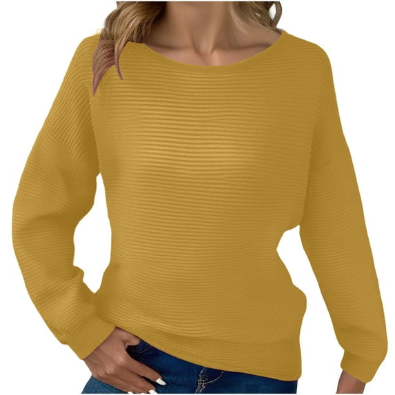Women's Casual Solid Color Ribbed Knitted Sweater Basic Long-Sleeved Round Neck Pullover Sweater Top