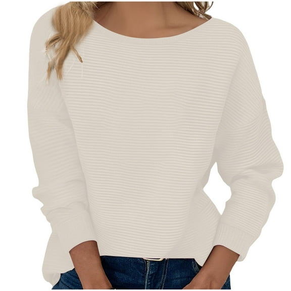 Women's Casual Solid Color Ribbed Knitted Sweater Basic Long-Sleeved Round Neck Pullover Sweater Top