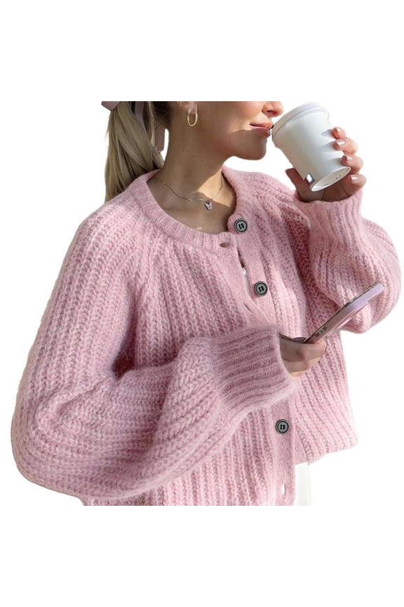 Women's Casual Solid Color Round Neck Button Down Cardigan Sweater, Long Sleeve Soft Knit Open Front Loose Fit Top for Daily Wear